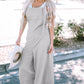 Light Grey Textured Self-Tie Strap Wide-Leg Overalls