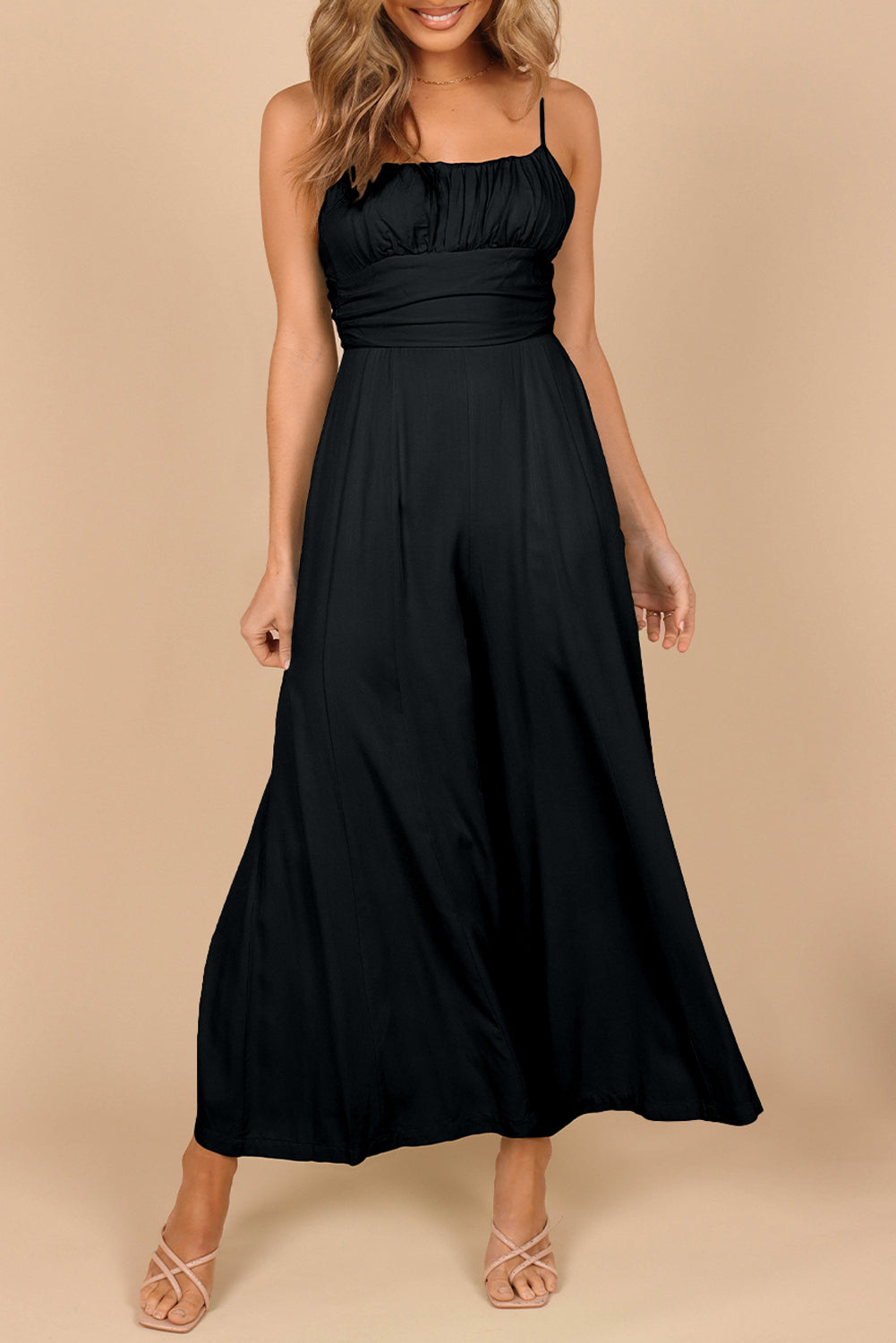 Black Spaghetti Straps Backless Knot Wide-Leg Jumpsuit