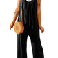 Black Spaghetti Straps Wide Leg Pocketed Jumpsuits