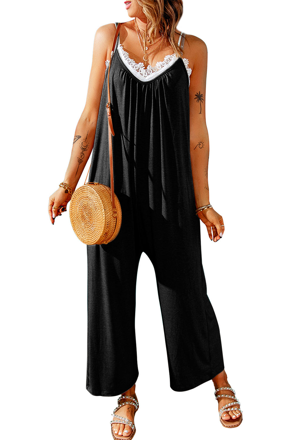 Black Spaghetti Straps Wide Leg Pocketed Jumpsuits