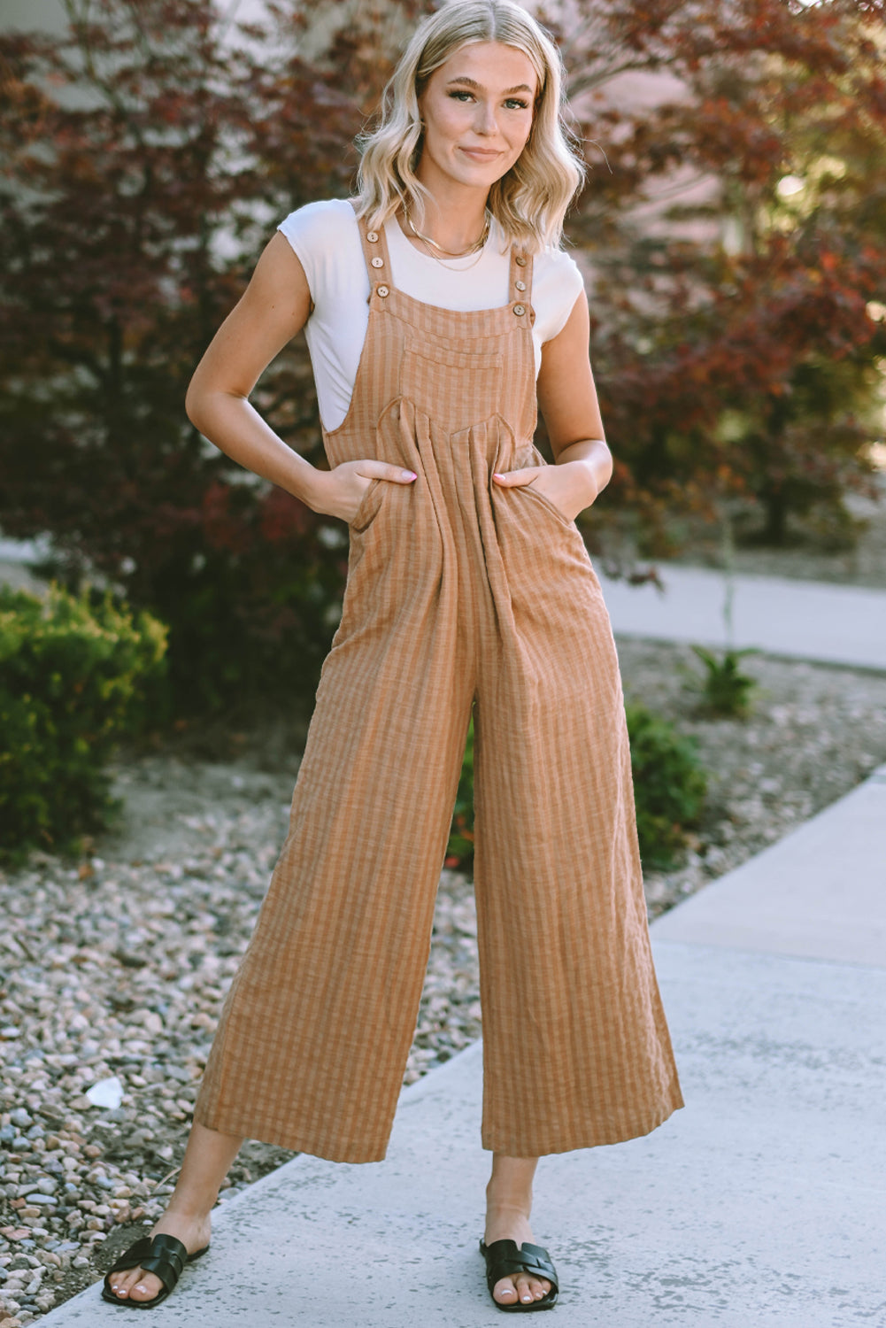 Black Striped Pleated Wide Leg Pocketed Jumpsuit