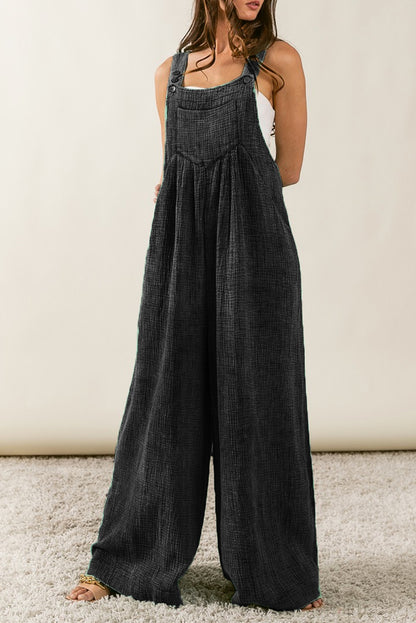 Black Textured Wide Leg Overalls