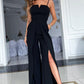 Black Spaghetti Straps Slit Leg Jumpsuit with Pockets