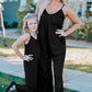 Black Spaghetti Straps Wide Leg Pocketed Jumpsuits