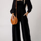 Black Smocked Square Neck Long Sleeve Wide Leg Jumpsuit