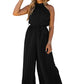 Green Halter Neck Pleated Wide Leg Jumpsuit with Belt