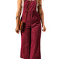 Red Solid Color Corduroy Wide Leg Bib Overalls