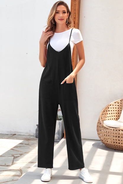 Black Pocketed Adjustable Spaghetti Strap Straight Leg Jumpsuit