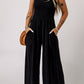 Black Smocked Square Neck Long Sleeve Wide Leg Jumpsuit