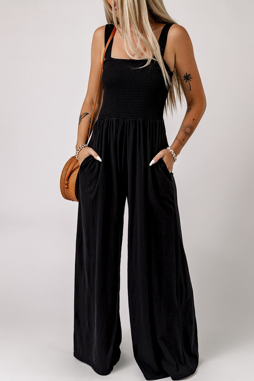 Black Smocked Square Neck Long Sleeve Wide Leg Jumpsuit