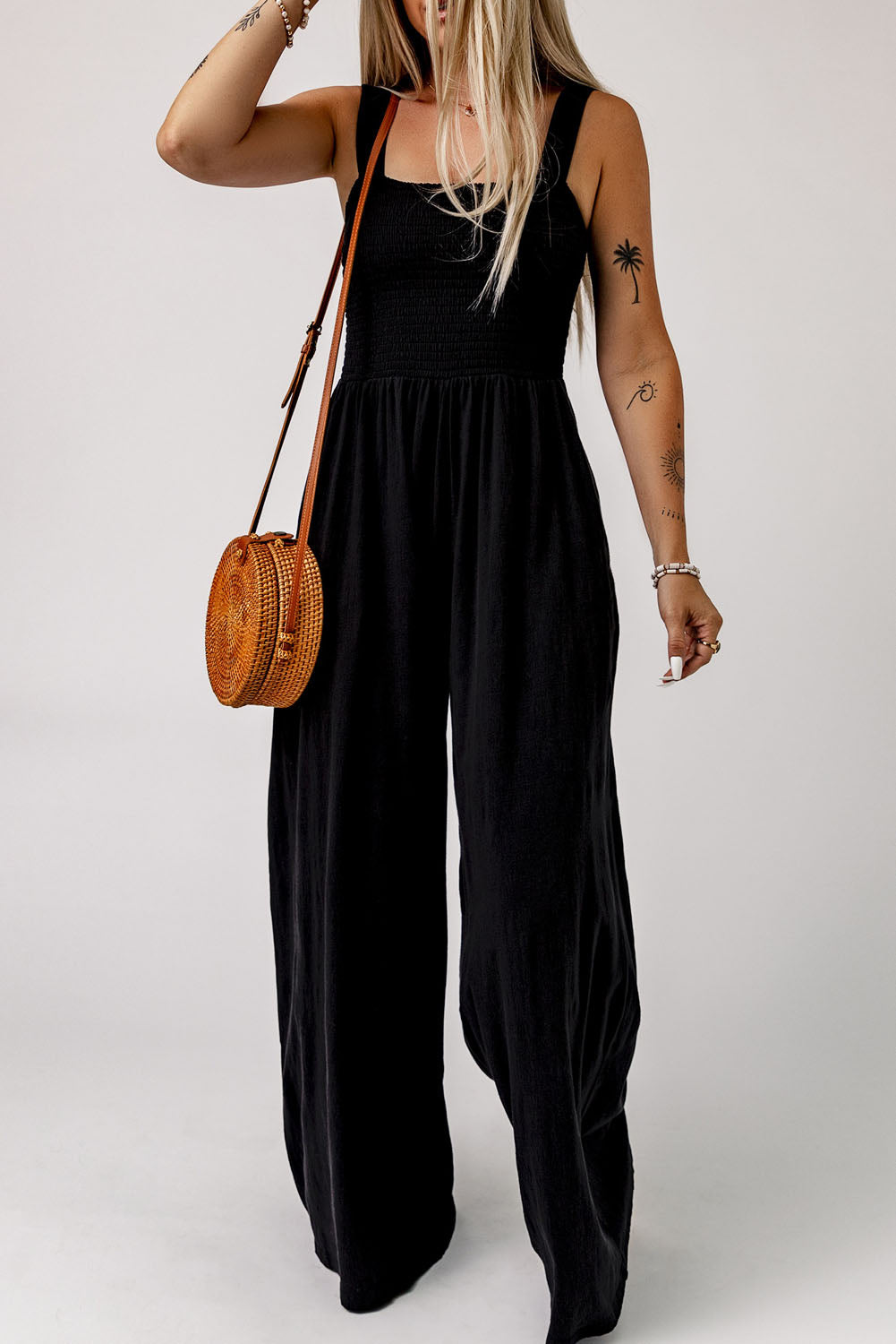 Black Smocked Square Neck Long Sleeve Wide Leg Jumpsuit