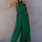 Green Halter Neck Pleated Wide Leg Jumpsuit with Belt