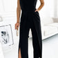 Black Spaghetti Straps Slit Leg Jumpsuit with Pockets