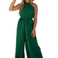 Green Halter Neck Pleated Wide Leg Jumpsuit with Belt