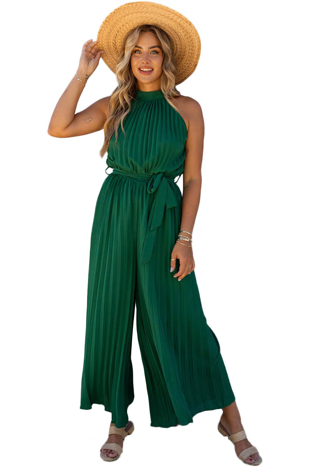 Green Halter Neck Pleated Wide Leg Jumpsuit with Belt