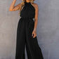 Green Halter Neck Pleated Wide Leg Jumpsuit with Belt