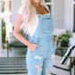 Sky Blue Constructed Bib Pocket Distressed Denim Overalls