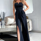 Black Spaghetti Straps Slit Leg Jumpsuit with Pockets