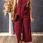 Red Solid Color Corduroy Wide Leg Bib Overalls