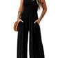 Black Smocked Square Neck Long Sleeve Wide Leg Jumpsuit