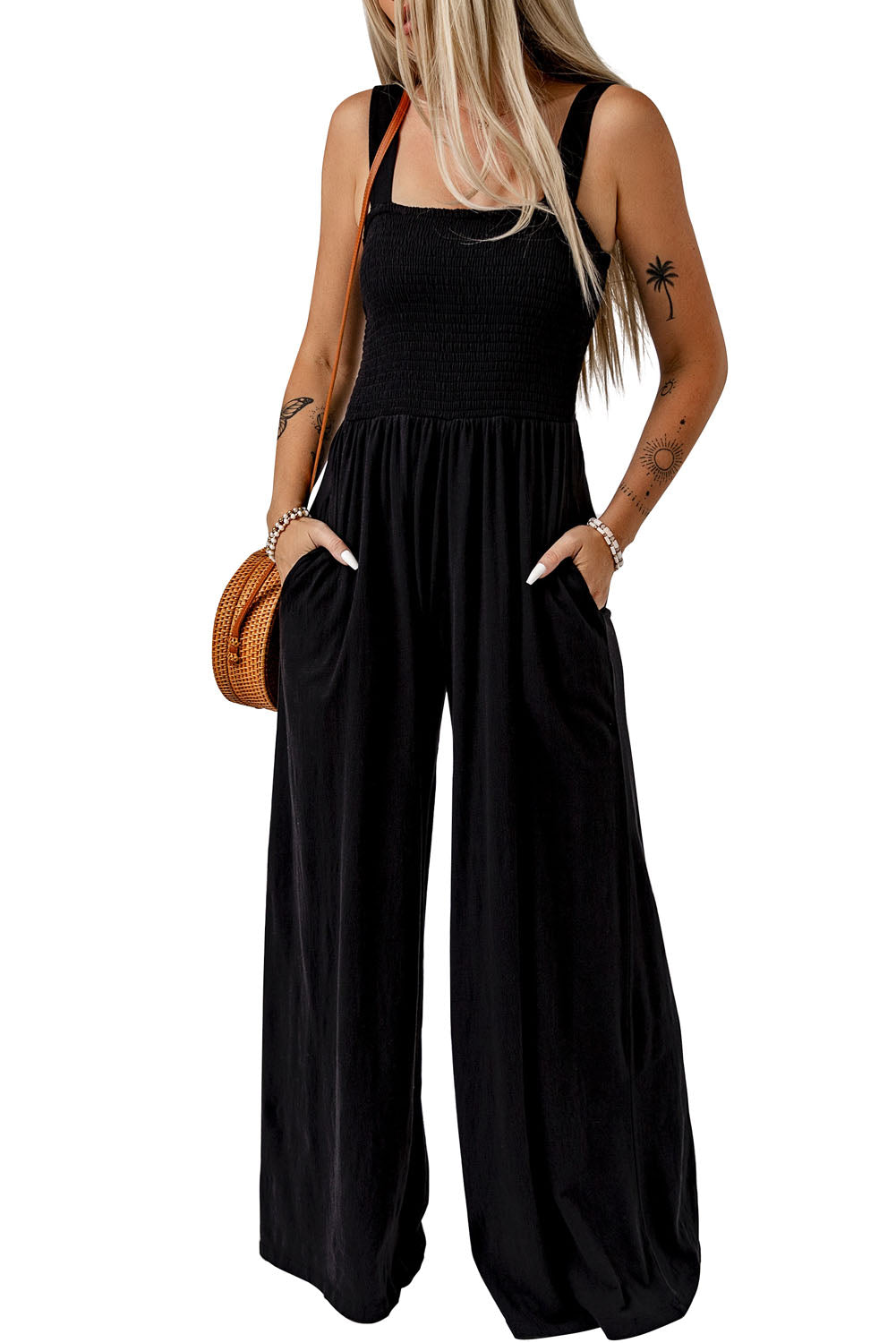 Black Smocked Square Neck Long Sleeve Wide Leg Jumpsuit