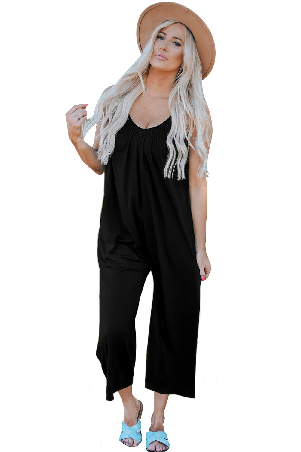 Black Spaghetti Straps Wide Leg Pocketed Jumpsuits