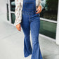 Dark Blue Adjustable Buckle Strap Flare Leg Denim Overalls