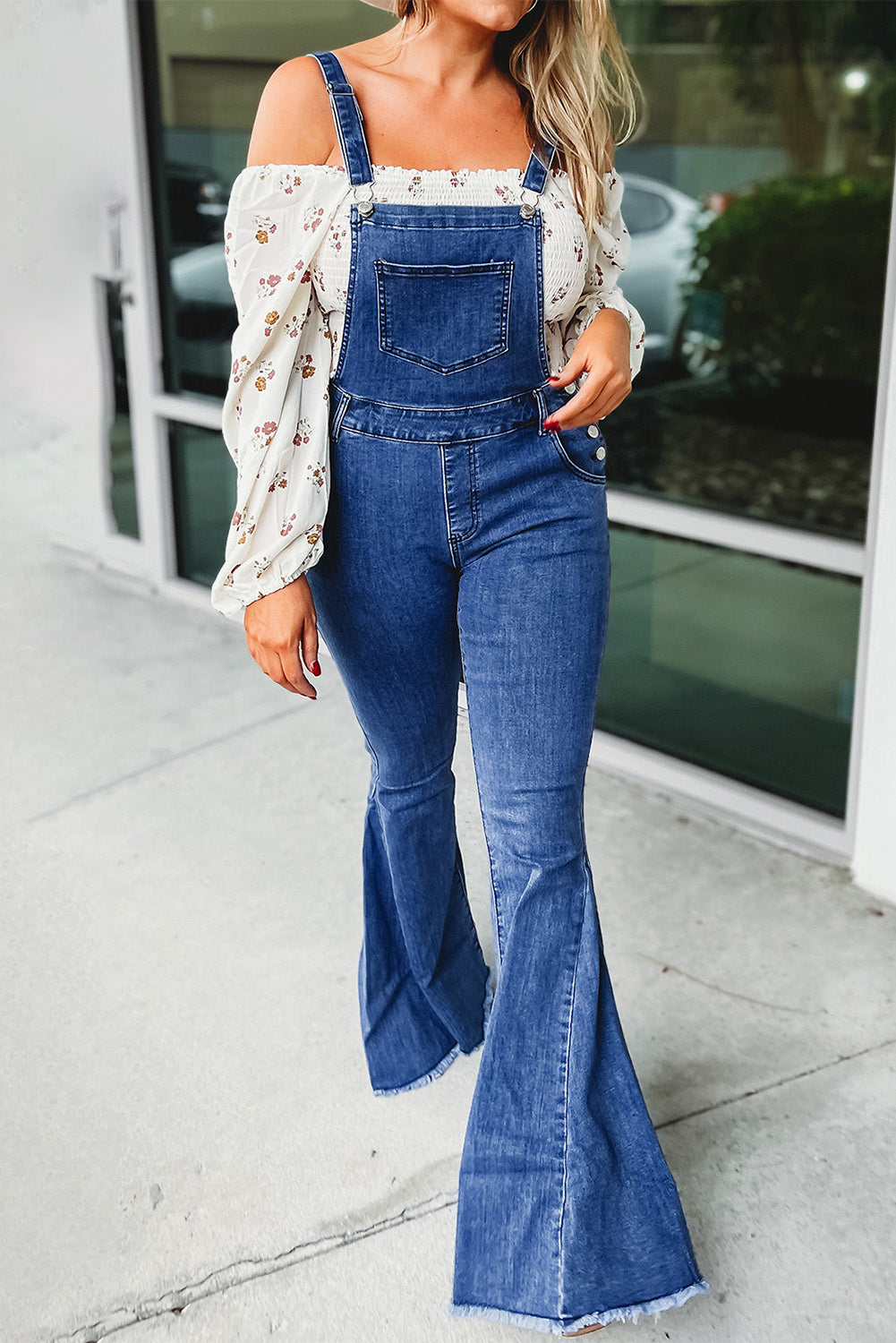 Dark Blue Adjustable Buckle Strap Flare Leg Denim Overalls