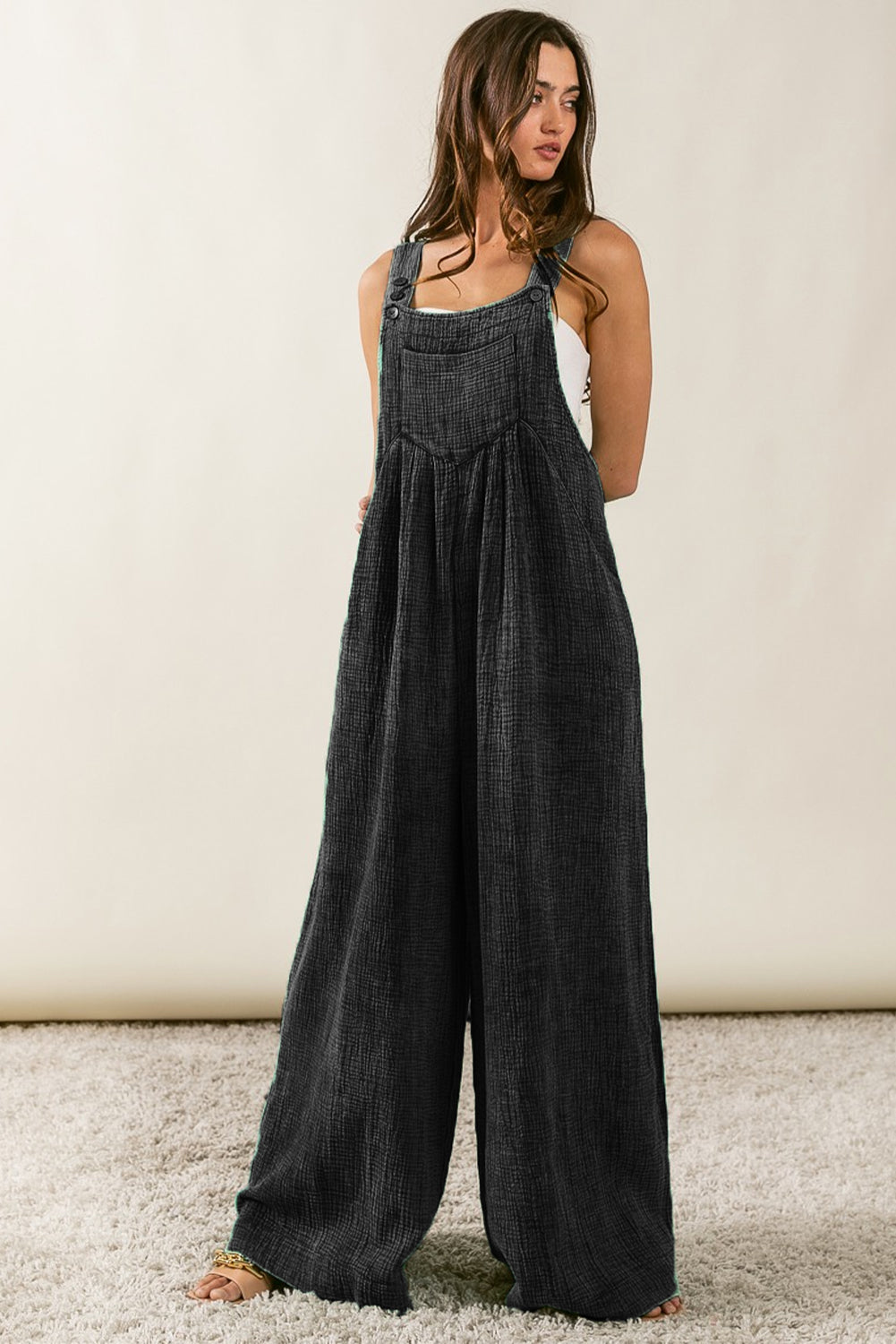 Black Textured Wide Leg Overalls