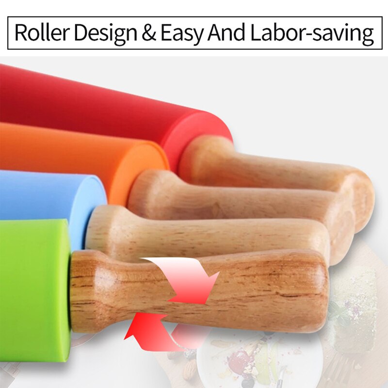 23/30/39cm Silicone Rolling Pin Non-Stick Pastry Dough Flour Roller Wooden Handle Pizza Pasta Roller Kitchen Pastry Baking Tool