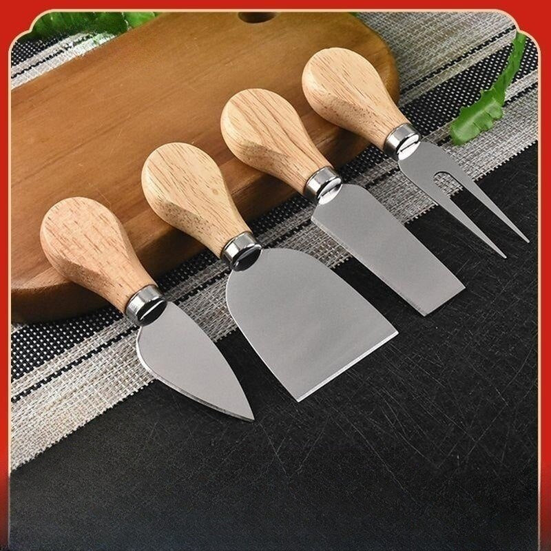 Oak Handle Cheese Knife Set Cheese knife butter knife slicer knife Pizza cutter Four-piece stainless steel Baked Cheese Knife