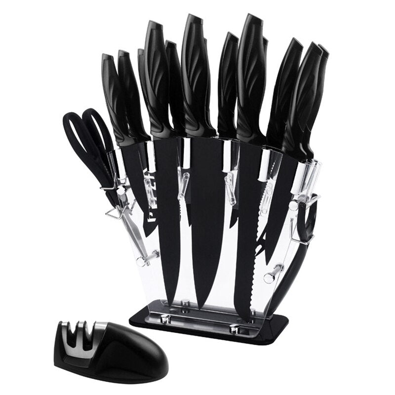 XITUO Kitchen Knife Set, 17 Pieces, German High Carbon Stainless Steel Chef With Serrated Steak Scissors Peeler Cheese Pizza Holder