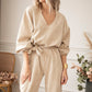 Apricot Keyhole Back V Neck Tie Waist Loose Jumpsuit