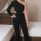 Black One-Shoulder Balloon Sleeve Cutout Jumpsuit