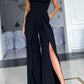 Black Spaghetti Straps Slit Leg Jumpsuit with Pockets