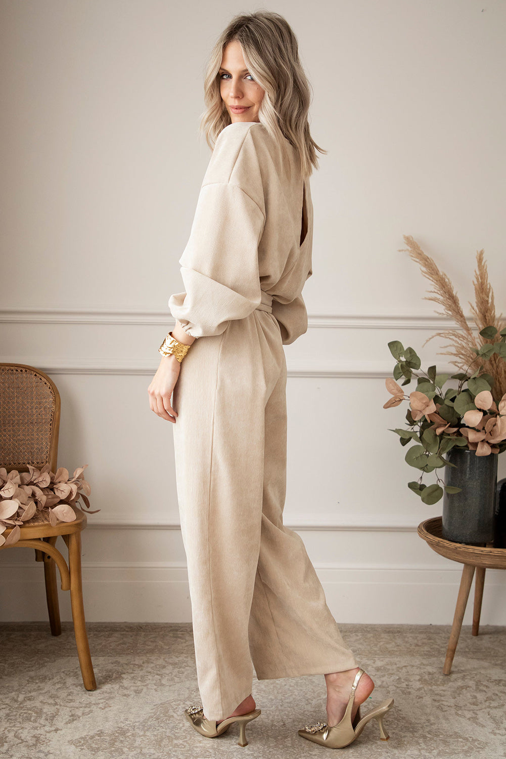 Apricot Keyhole Back V Neck Tie Waist Loose Jumpsuit