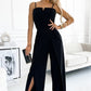 Black Spaghetti Straps Slit Leg Jumpsuit with Pockets