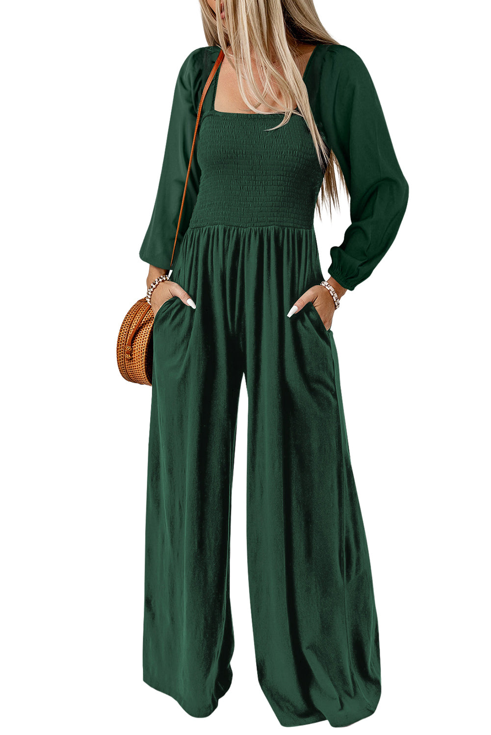 Black Smocked Square Neck Long Sleeve Wide Leg Jumpsuit