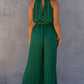 Green Halter Neck Pleated Wide Leg Jumpsuit with Belt