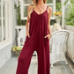 Black Spaghetti Straps Wide Leg Pocketed Jumpsuits