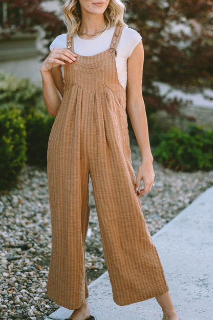 Black Striped Pleated Wide Leg Pocketed Jumpsuit