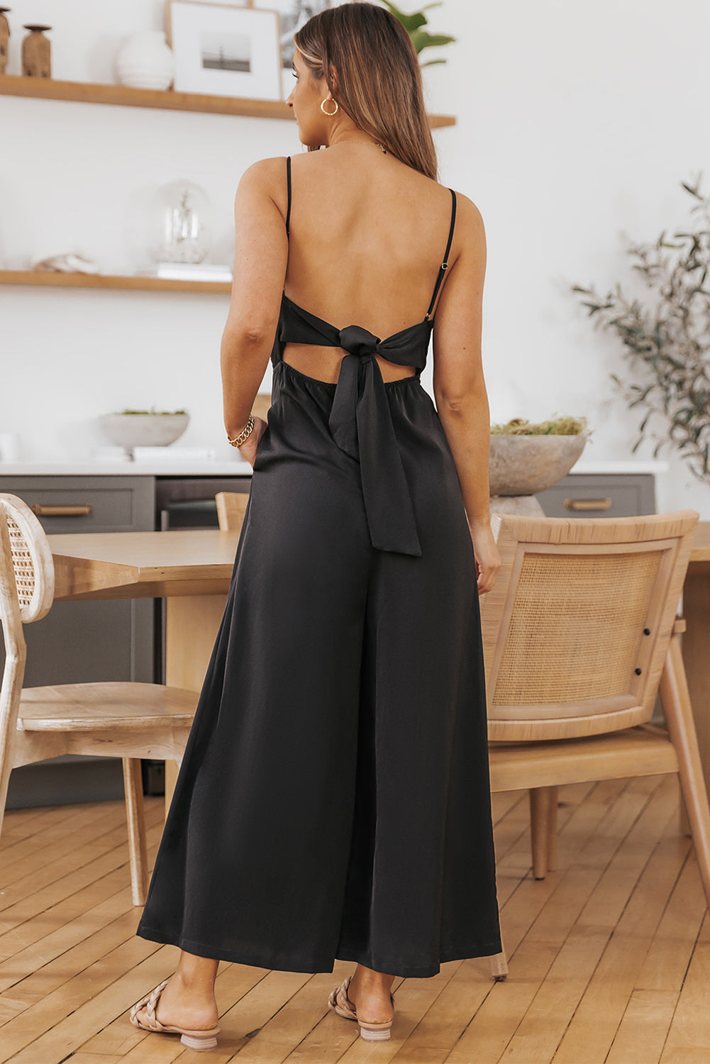 Black Spaghetti Straps Backless Knot Wide-Leg Jumpsuit