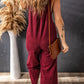 Red Solid Color Corduroy Wide Leg Bib Overalls