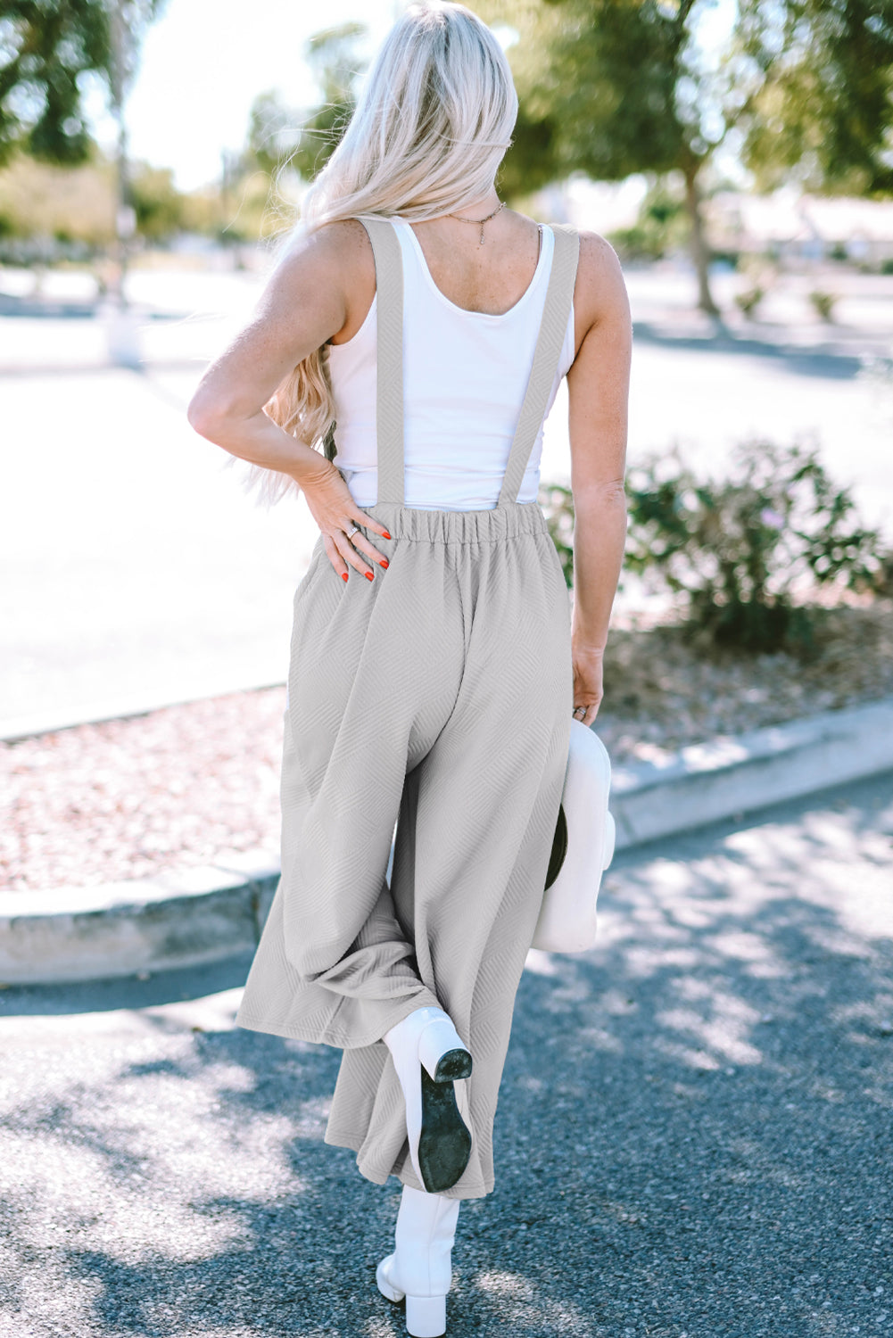 Light Grey Textured Self-Tie Strap Wide-Leg Overalls