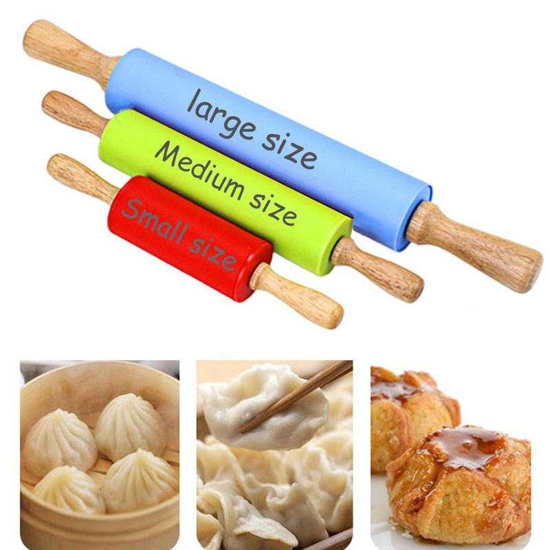 23/30/39cm Silicone Rolling Pin Non-Stick Pastry Dough Flour Roller Wooden Handle Pizza Pasta Roller Kitchen Pastry Baking Tool