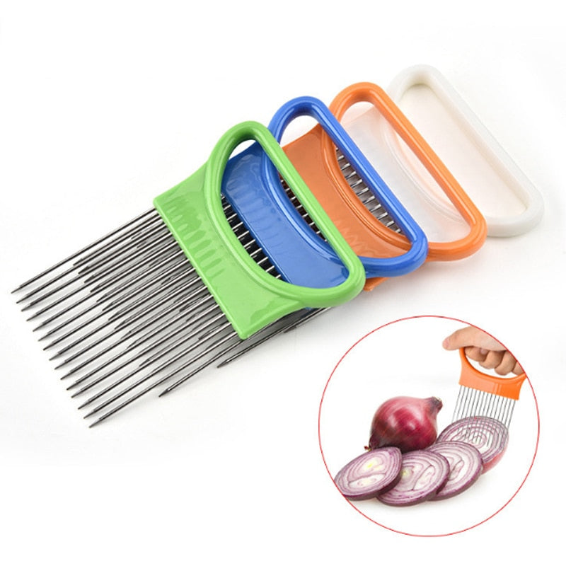 Stainless Steel Onion Needle Onion Fork Vegetables Fruit Slicer Tomato Cutter Knife Cutting Safe Aid Holder Kitchen Accessories