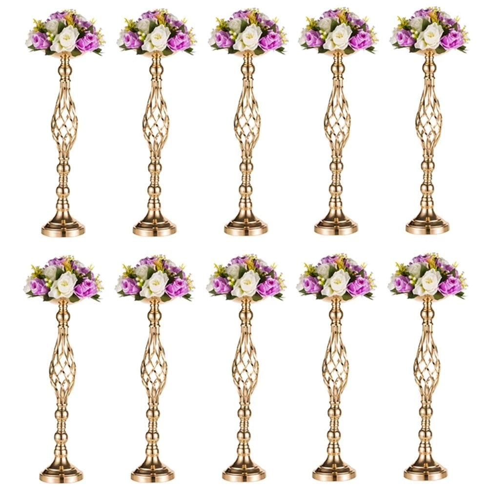 10PCS Gold Flower Vases Candle Holders Rack Stands Wedding Decoration: Road Lead Table Centerpiece Pillar Party Event Candlestick