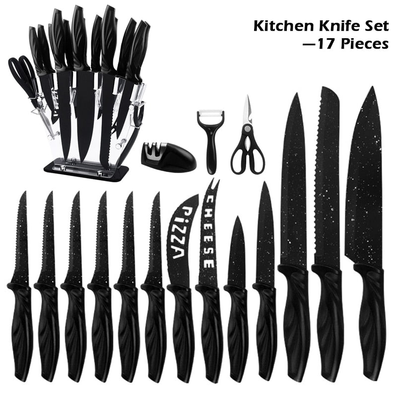 XITUO Kitchen Knife Set, 17 Pieces, German High Carbon Stainless Steel Chef With Serrated Steak Scissors Peeler Cheese Pizza Holder